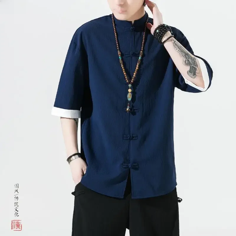 Summer Men's Linen Shirt Buttons Five-point Sleeve Tang Suit Ancient Style Cotton Linen Hanfu Zhongshan Suit