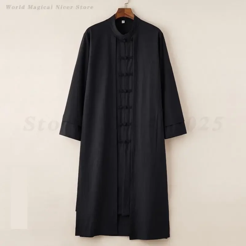 

Men Cotton Linen Long Tang Tops Chinese Style Retro Button Robe Gown Autumn Loose Casual Mandarin Collar Long Shirt Kimono Coat