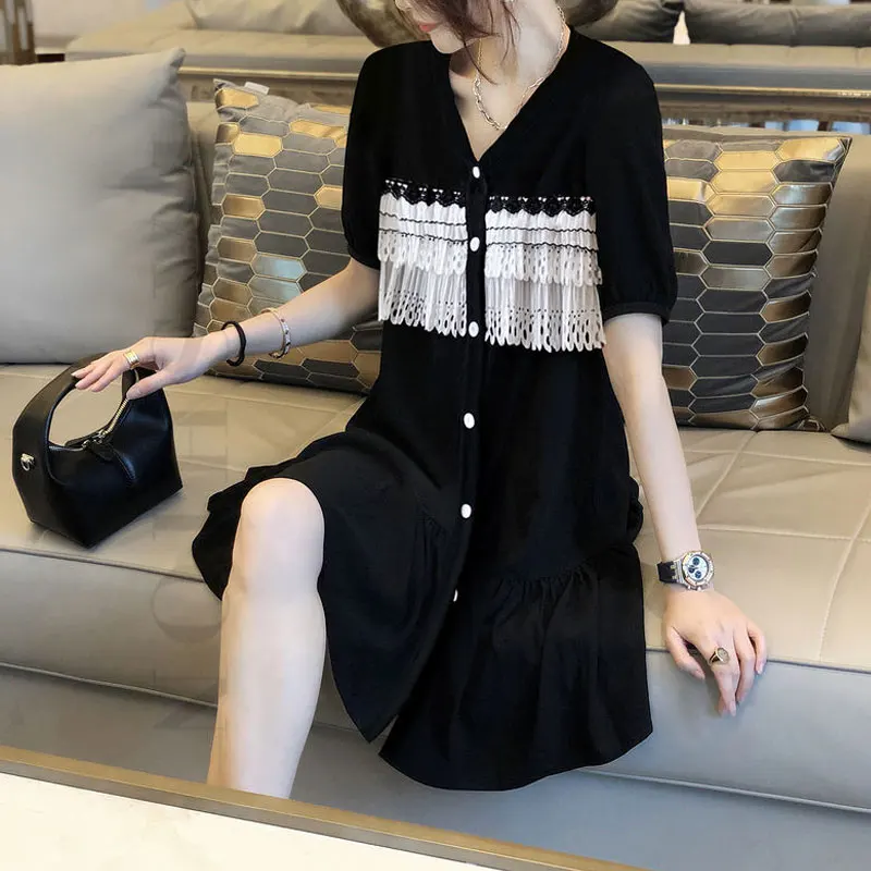 2023 Casual V-Neck Lace Patchwork Mini Dress Summer Short Sleeve Fashion Single-breasted Women\'s Clothing Korean A-Line Dresses