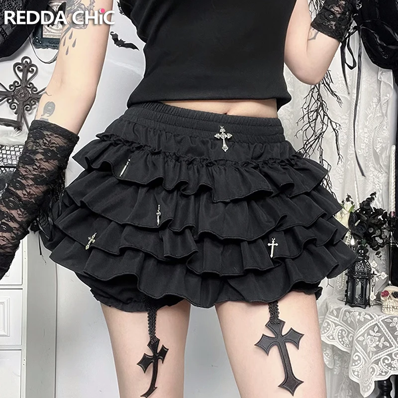 REDDACHiC Ruffle Layered Puffy Pumpkin Shorts Cross Decor Frilly Panties Elastic Waist Black Bloomers Lolita Goth Women Clothes