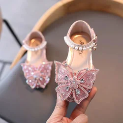 2024 New Summer Girls Sandals Fashion Sequins Rhinestone Bow Girls Princess Shoes Baby Girl Shoes Flat Heel Sandals Size 21-35cm