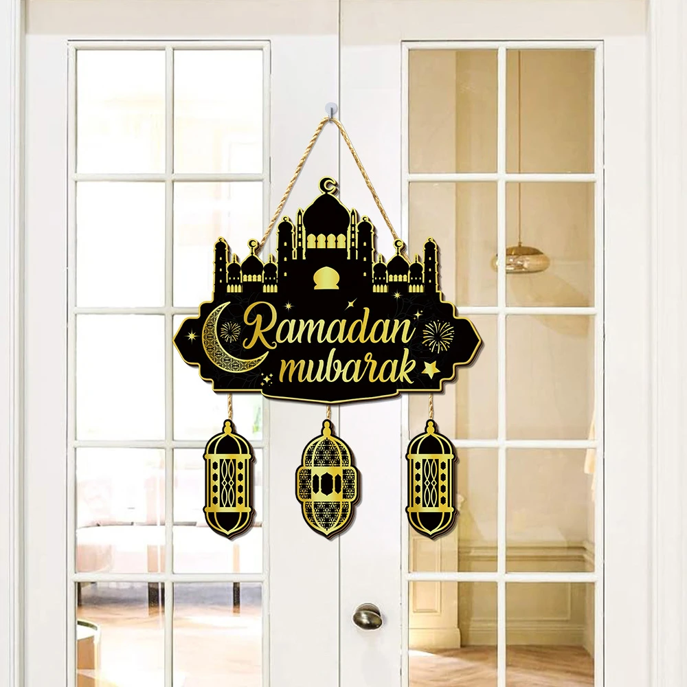 Ramadan Kareem Wreath Wooden Hanging Door Sign Welcome Sign for Front Door Porch Farmhouse Outdoor Ramadan Decorations for Home