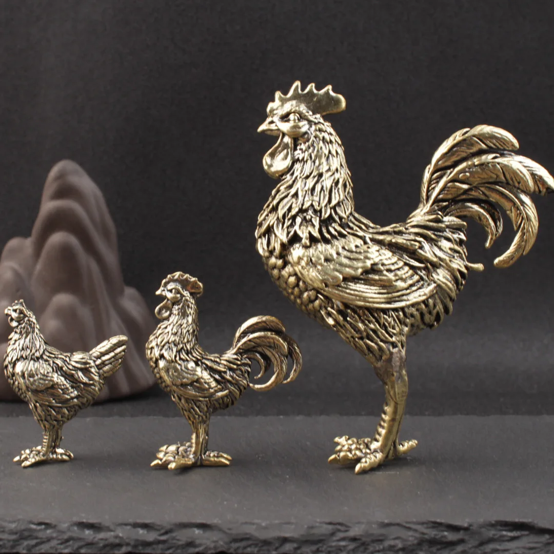 1pieces of pure brass small ornaments desktop handle pieces twelve zodiac big rooster ornaments mascot tea