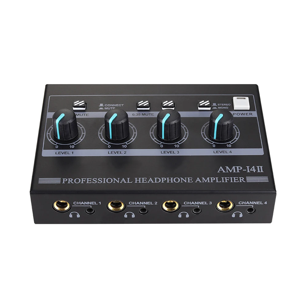 Headphone Amplifier With Power Adapter 4 Channels Ultra Compact Stage Aluminum Alloy Studio Audio Stereo Mixer 6.35mm 3.5mm