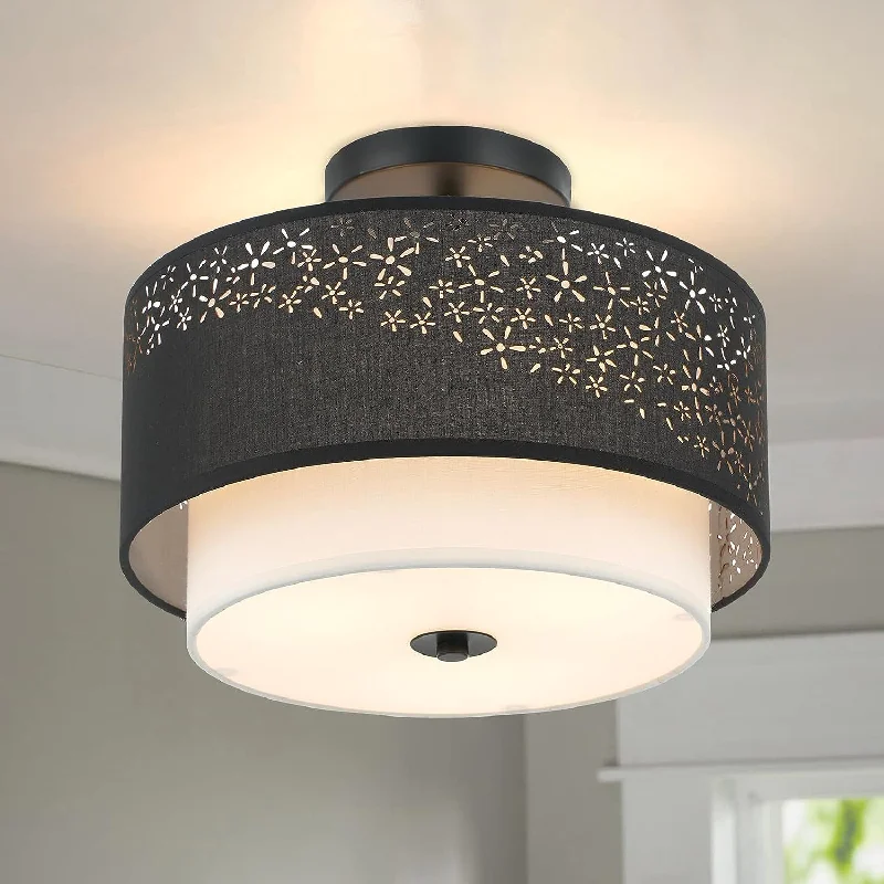 Modern Ceiling Light Double-Layer Fabric Lampshade Black Laser-Cut Ceiling Light E27 Flush Mount Lamp Bedroom Hallway Living Roo