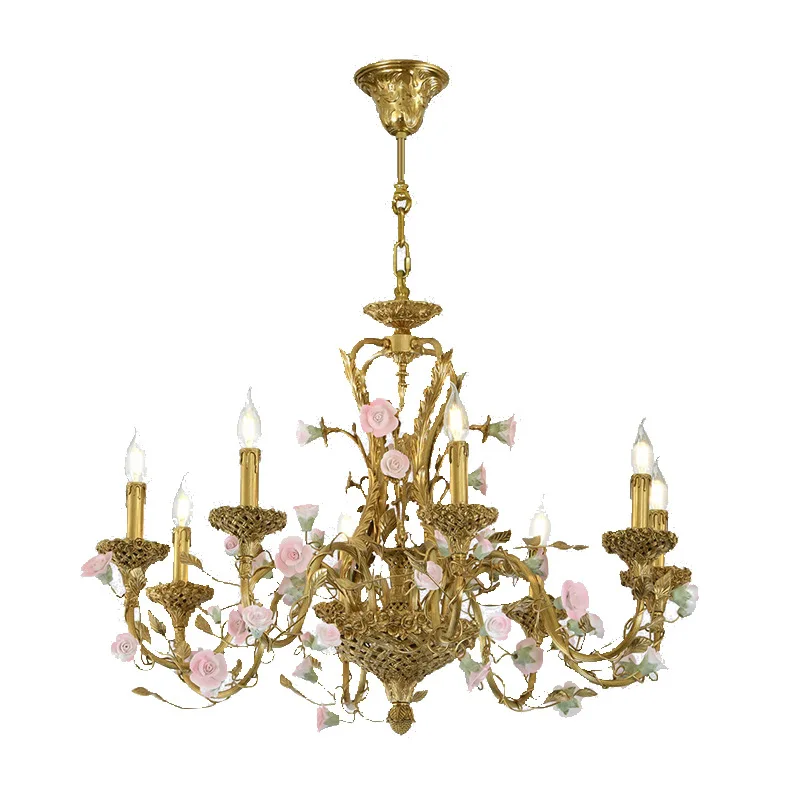

French all-copper lamp European idyllic hotel creative living room dining room flower basket ceramic flower chandelier