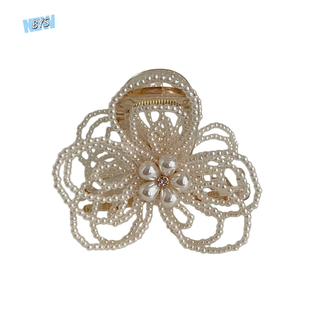 

Waterproof Pearls Flower Shark Clip Sweet Elegant Grain-like Beads Hair Claw Headwear White Handmade Beads Hairgrips Daily