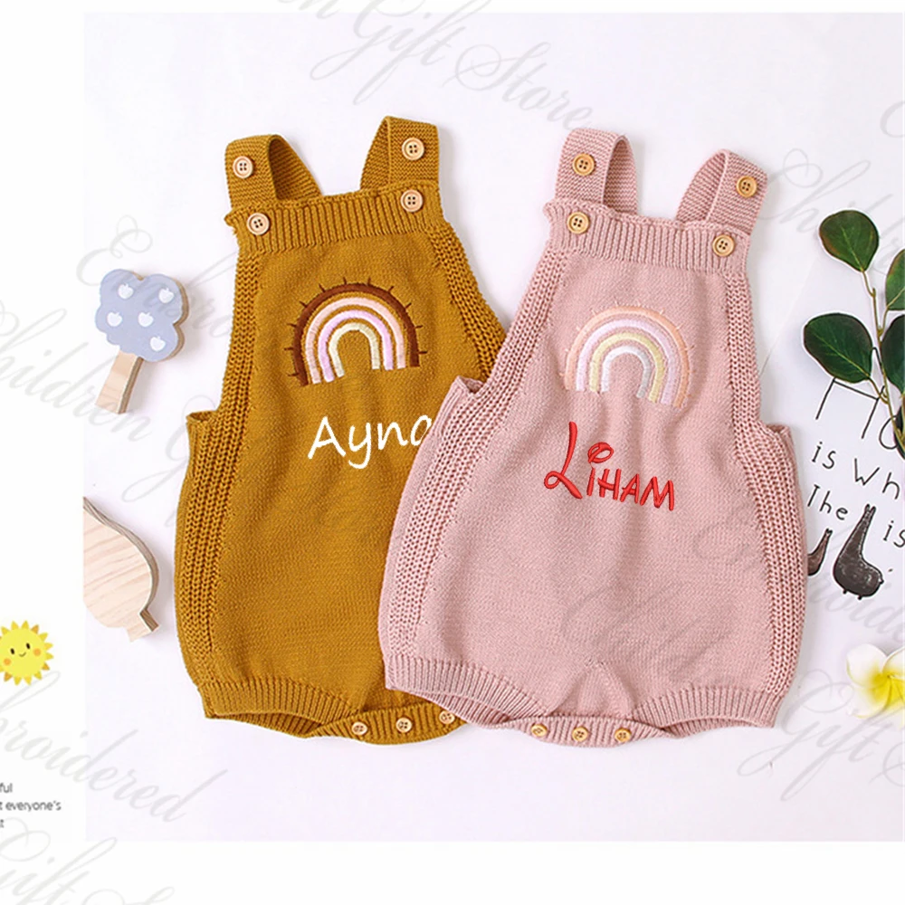 

Custom Hot Selling New Baby Rainbow Strap Knitted Jumpsuit Personalized Embroidery Name Kids First Birthday Party Gift Bodysuits