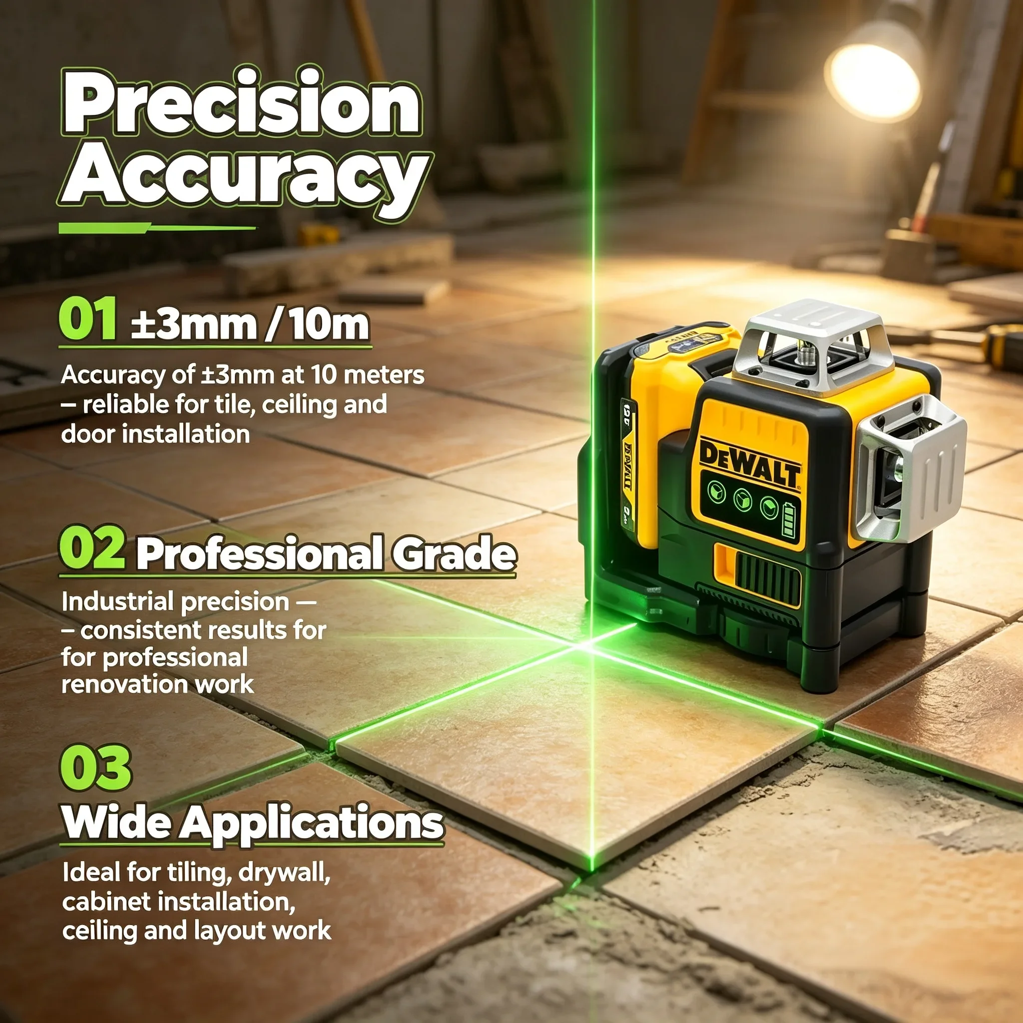 DEWALT DW089LG 12 Lines Green Light Laser Level, 3-Sided 360-Degree Vertical & Horizontal Level Meter with 12V Lithium Battery