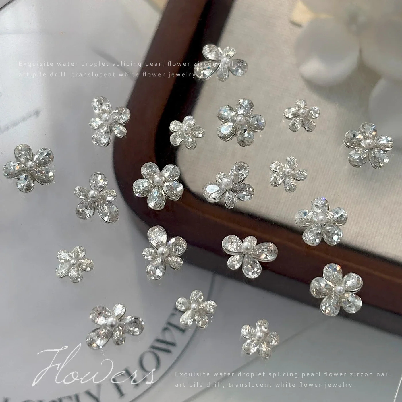 6Pcs Teardrop Zircon Flower Nail Charms, Sparkly 5‑Petal Pearl Inlaid Pre‑made Rhinestone Clusters for DIY Press‑on Nails