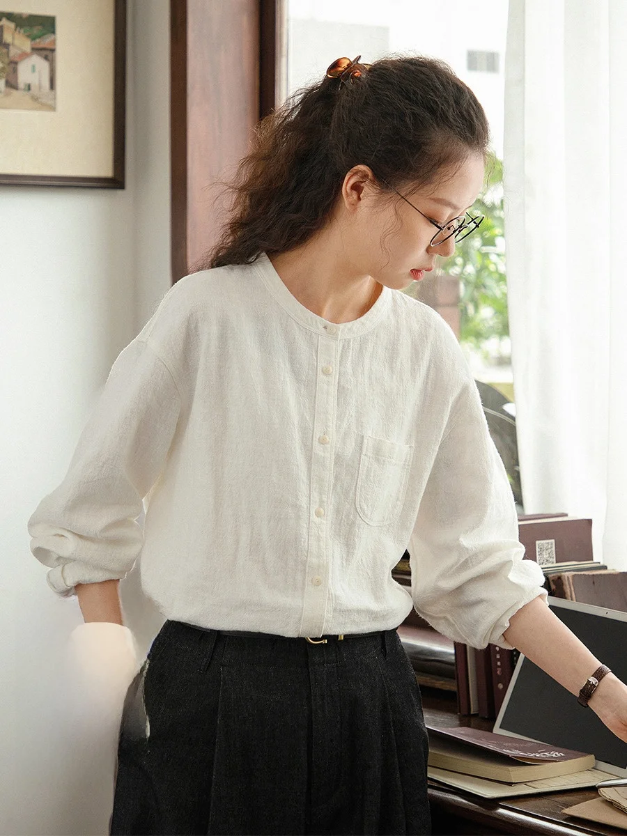 

Original Simple White irt Women's Long Sve Loose Casual Linen irt Autumn Season round Ne Versatile Comfortable Breat...