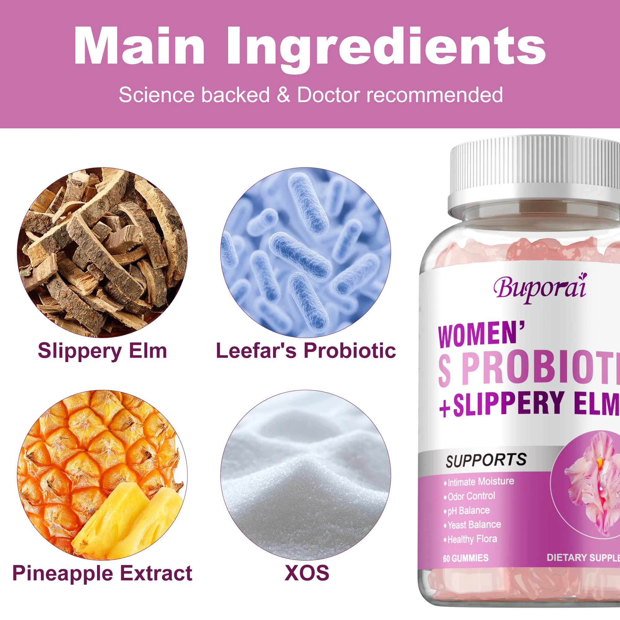 

Жевательные конфеты с пробиотиками для женщин - поддерживают баланс pH, здоровье кишечника и иммунную систему с экстрактом вяза, 60 жевательных конфет