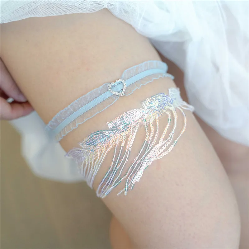 Shiny Sequined Tassel Garters Thigh Highs Bridal Wedding Garters with Hearts Accessories for Women Wedding Party Cosplay