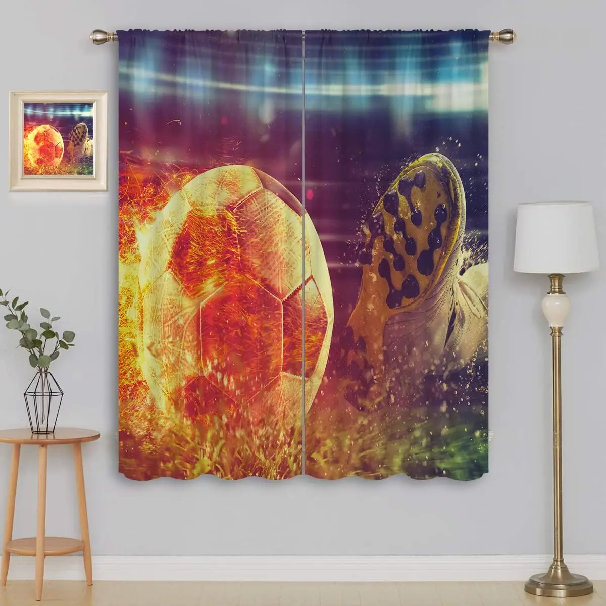 Sport Football Cleat Window Curtain Fiery Soccer Ball Lawn Neon Stadium Rod Pocket Window Panels Teen Boy Game Room Home Decor