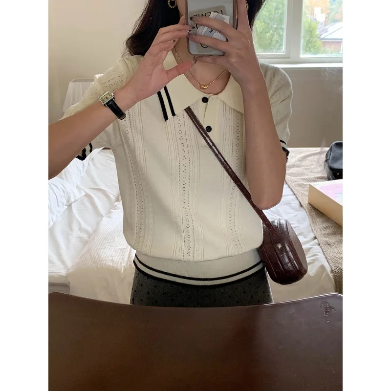 

Spring new style college style polo collar short sleeve knitted pullover sweater
