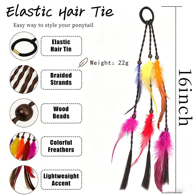 Women Lady Girls Handmade Bohemia Hair Rope Head Wrap Hair Band Headbands Elastics Feather Hair Tie Ponytail Holders Hair Access view 4