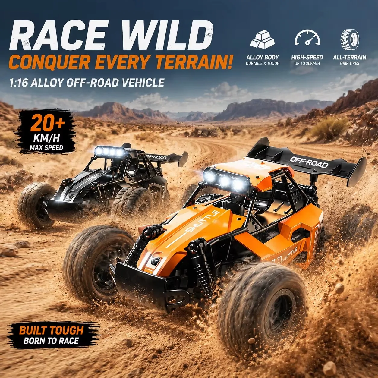 Alloy Body 4WD RC Off-Road Truck, 2.4G Remote Control Racing Model with LED Lights & Strong Power, Gift for Boys Kids ﻿