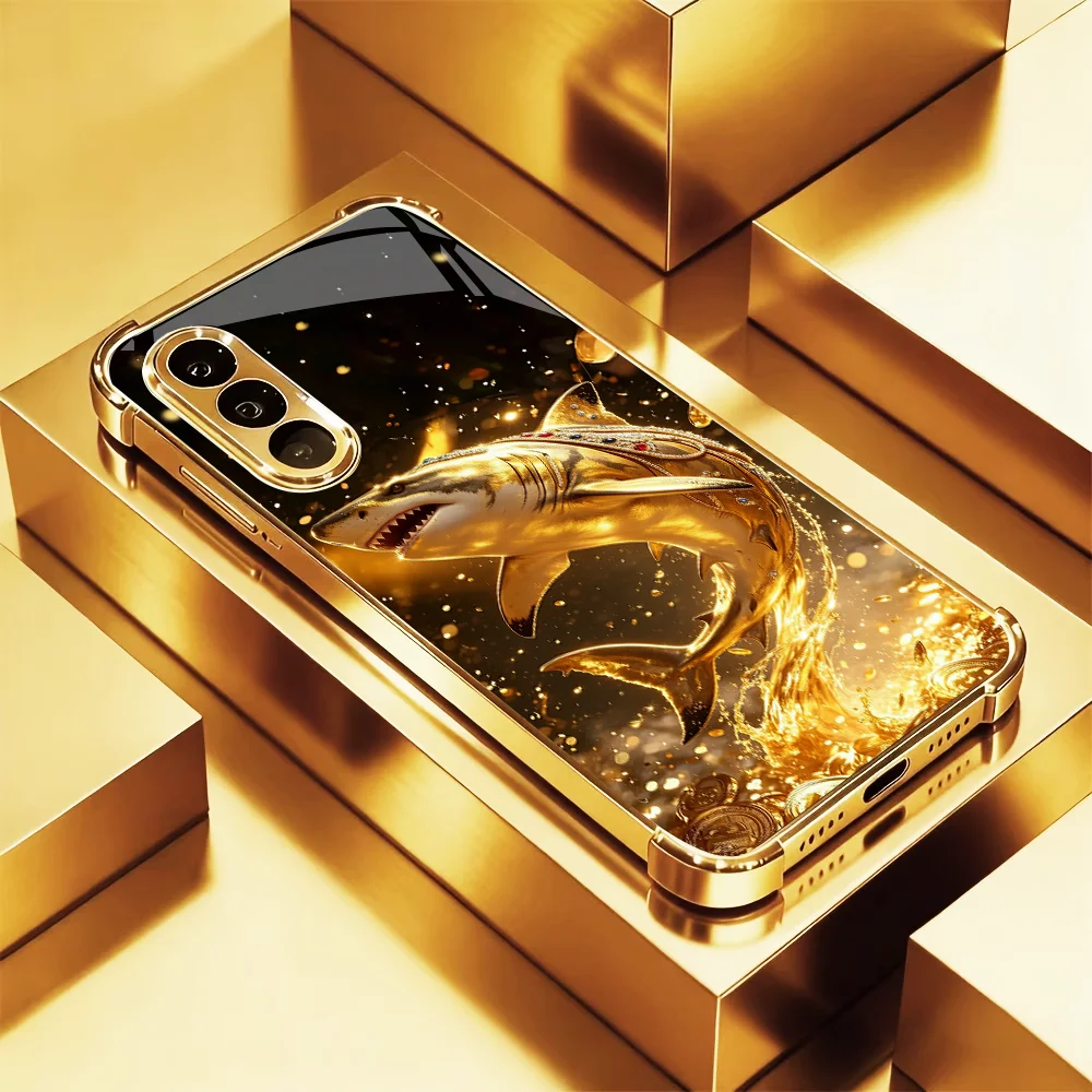 Luxury Golden Shark s26 ultra s25 s24 ultra Glass phone case for Samsung Galaxy s26/s25/s24/s23/s22/s21 Ultra FE Plus Anti-Drop
