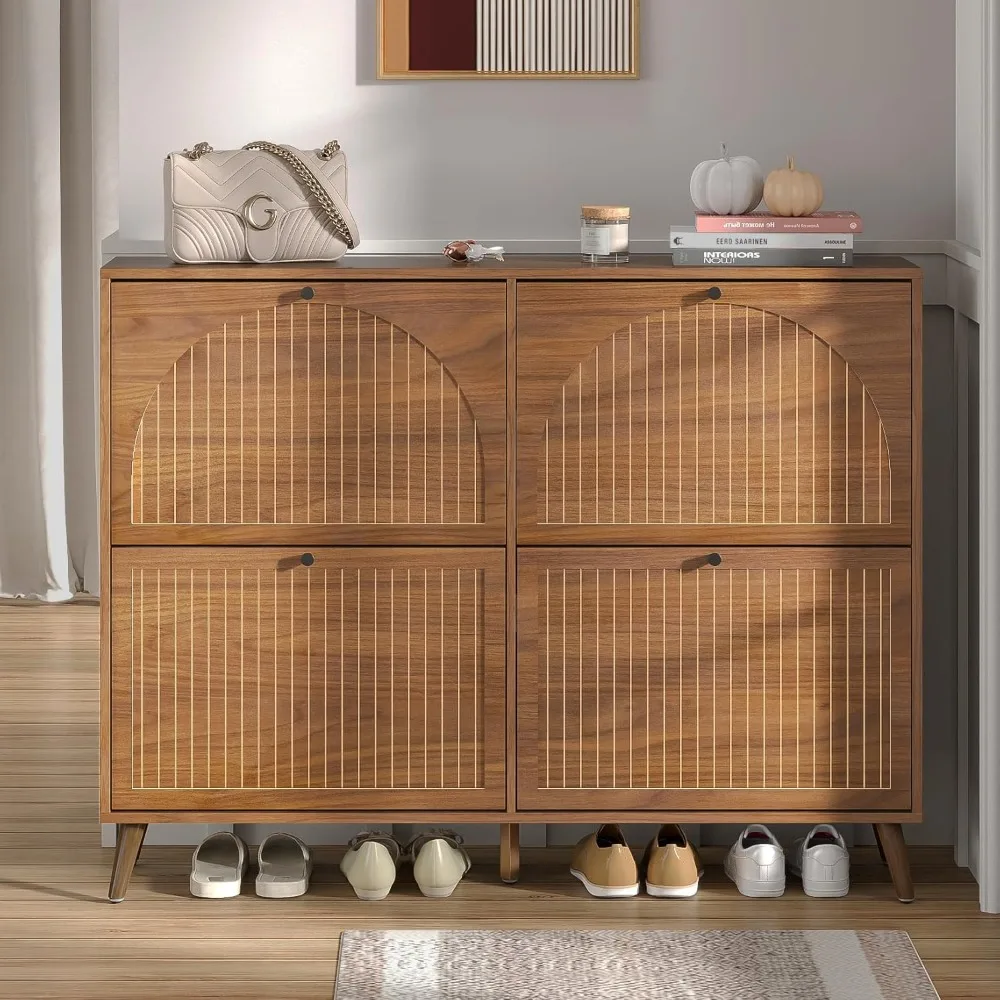 

Shoe Storage Cabinet for Entryway with 4 Flip Drawers, Narrow Shoe Organizer with Fluted Panel, Freestanding Wood Hidden Shoe Ca