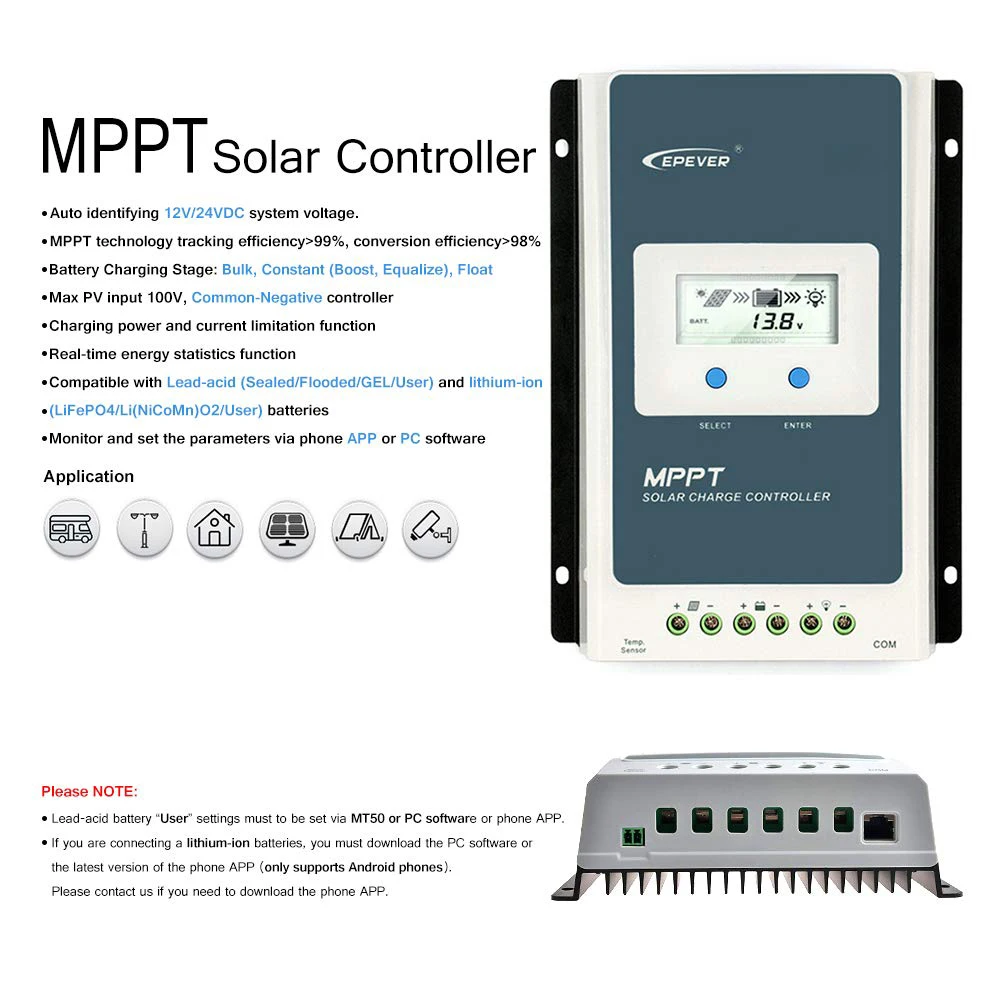 EPEVER Tracer MPPT Solar Charge Controller 40A 30A 20A 10A Solar Regulator With LCD Display 12V 24V Battery Auto High Efficiency