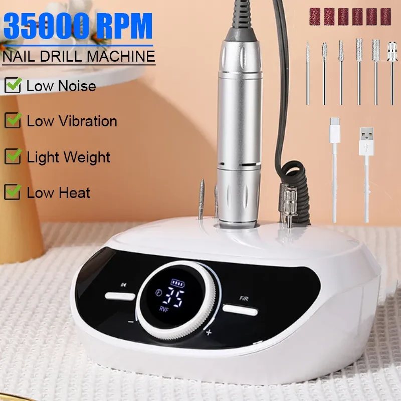 Nail Salon Tool rechargeable Manicure Pedicure Machine Low Vibration 35000RPM Professional Electric Nail Drill