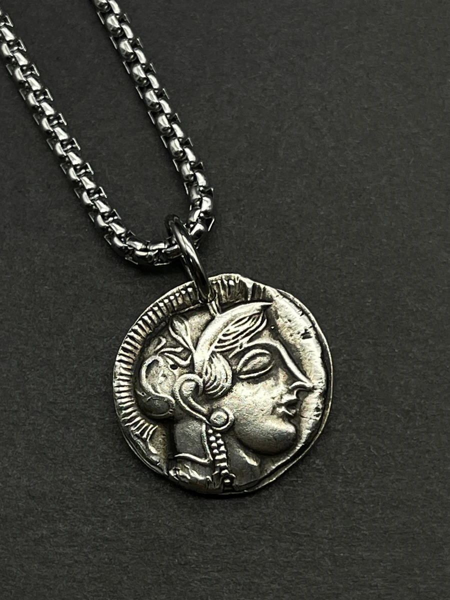 Recarved Greek Silver Plated Coin The Goddess Of Wisdom Athena Necklace Owl Ancient Athens Silver Coin Pendant Aquarius Patron