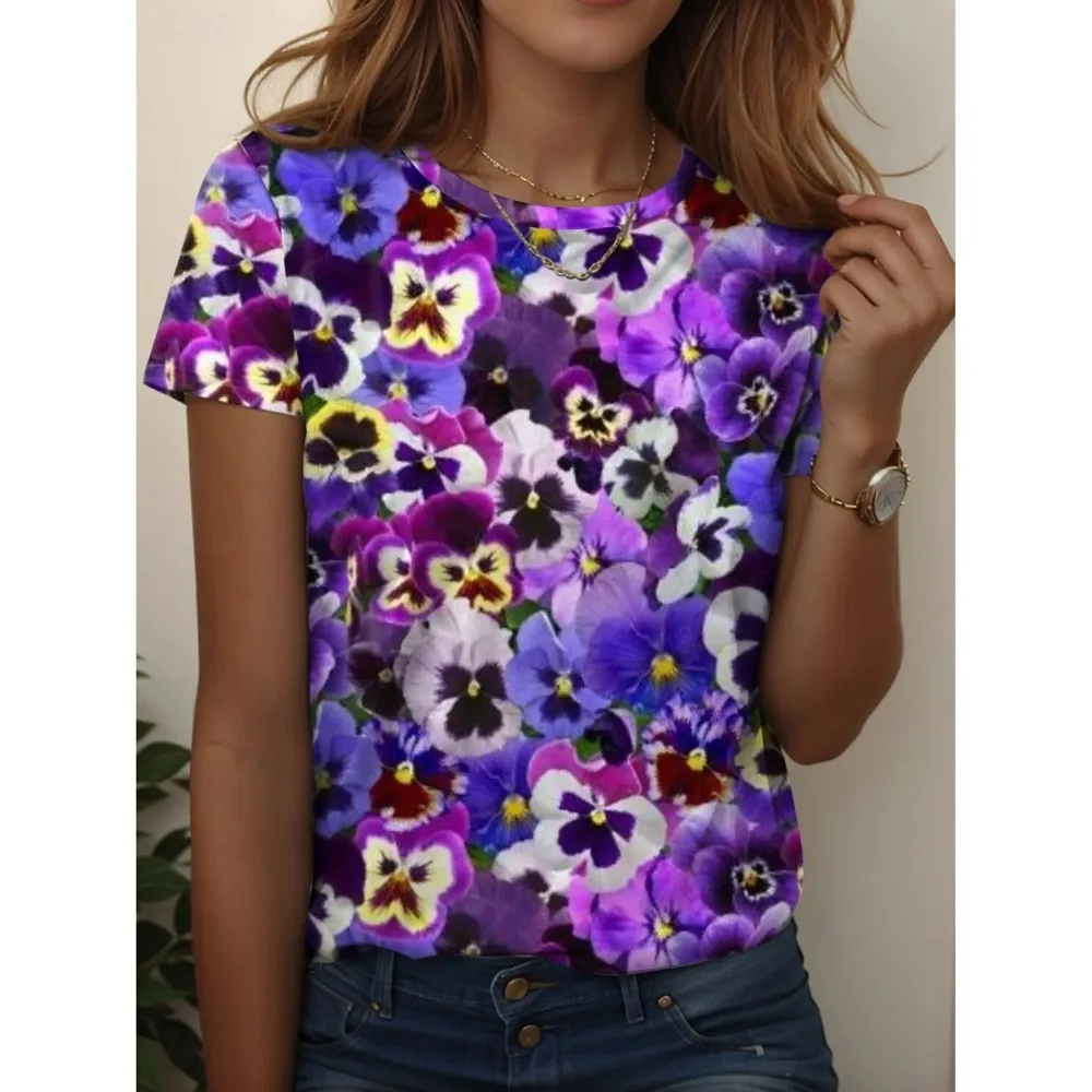 夏の新作ヴィンテージ風花柄植物Tシャツ、3Dプリント、レディースカジュアル、Oネック半袖Tシャツ、原宿系Y2K、トップス、女性服