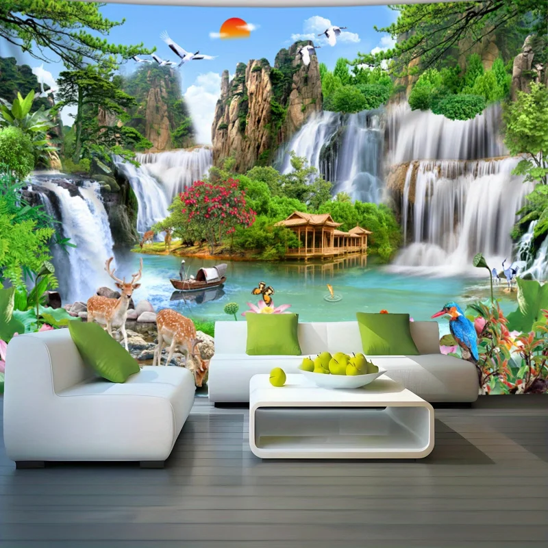 Beautiful Pavilion, Waterfall, Feng Shui Landscape, Tapestry, Polyester Fiber, Living Room Bedroom Office Wall Mounted