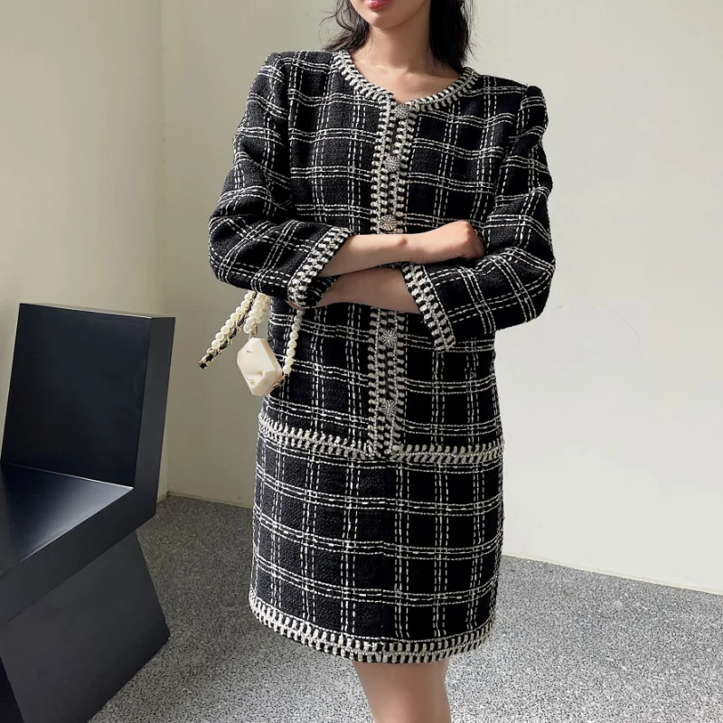 

High Quality Black White Plaid Tweed Dress Women Nine Points Sleeve O Neck Office Luxury Korea Loose One-piece Elegant Dresses