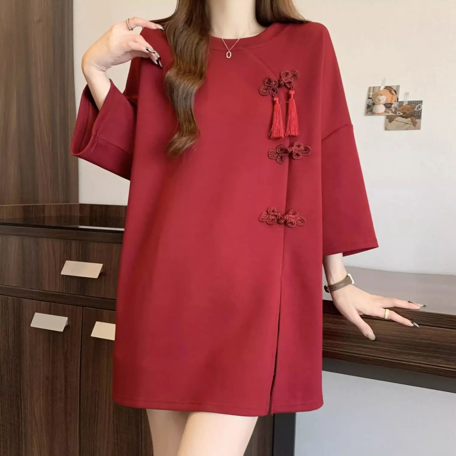 Oversized Women Clothing Fashion Loose Solid Color O-neck Short Sleeve T-Shirt Summer Chinese Style Buttons Irregular Top Tee