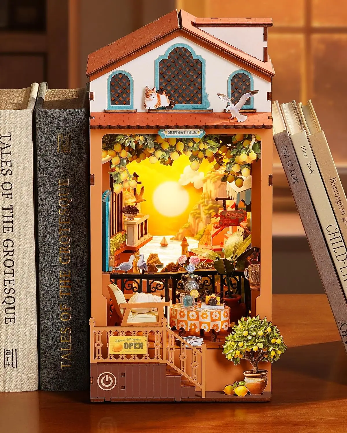 DIY Book Nook Kit Sunset Isle, 3D Puzzles Coastal Sunset Theme Miniature House Kit, Lemon Tree & Seaside View Decor for Bookshel
