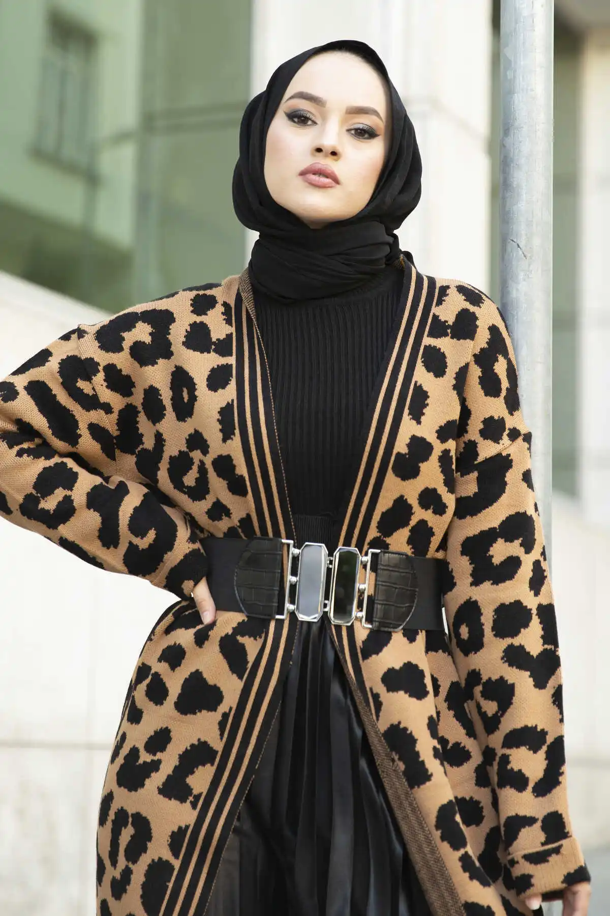 Leopard Pattern Knitwear Cardigan Camel Winter Autumn 2021 Muslim Women Hijab headscarf Islamic Turkey