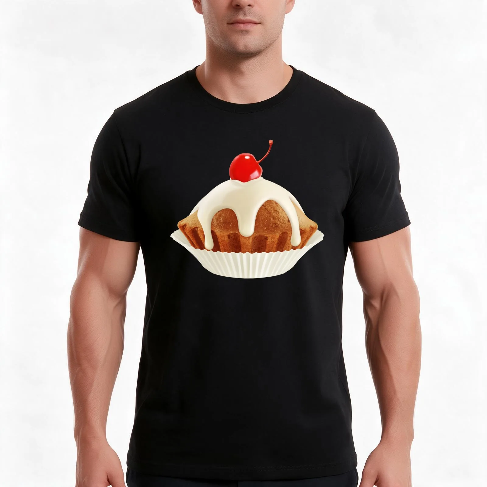 3D Cherry Vanilla Frosting Cupcake T-Shirt, Summer Casual Cotton Tee, Oversized Streetwear Tops, Vintage Graphic Print