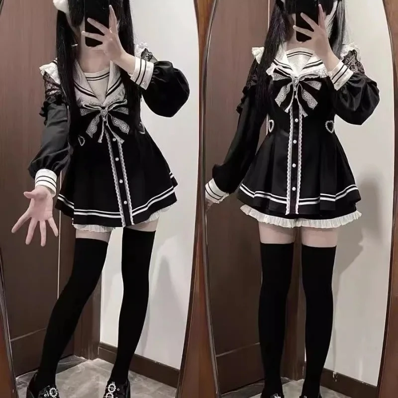 

Y2k Lolita Kawaii Осенние комплекты из 2 предметов с длинными рукавами Harajuku Косплей Sweet Bow Тонкое короткое праздничное платье 2000-х годов Винтажные костюмы Шикарные