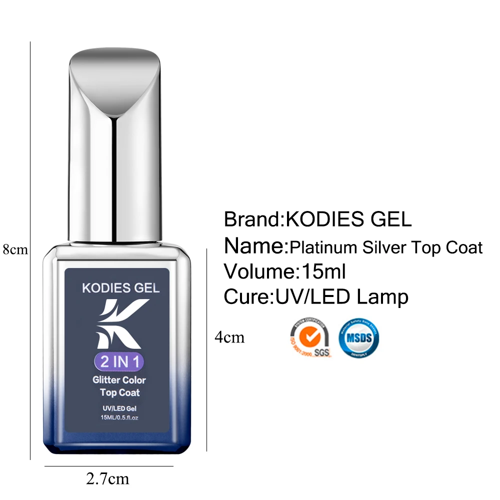 KODIES GEL Platinum Silver Glitter Top Coat Nails Gel Polish 15ML Semi Permanent UV Sparkle Shine Manicure Nail Salon Gel Finish