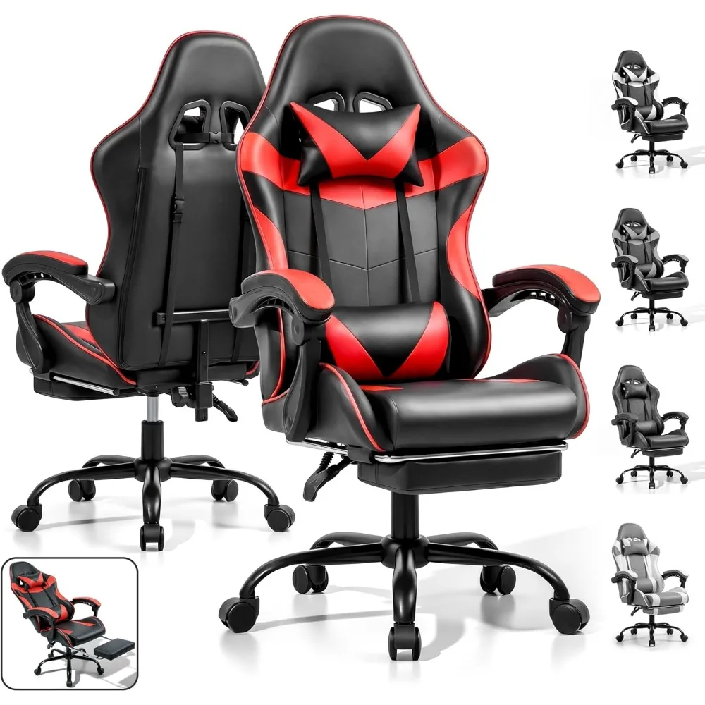 Ergonomic Gaming Chair with Footrest Lumbar Support Height Adjustable 360 Swivel Headrest Red Black