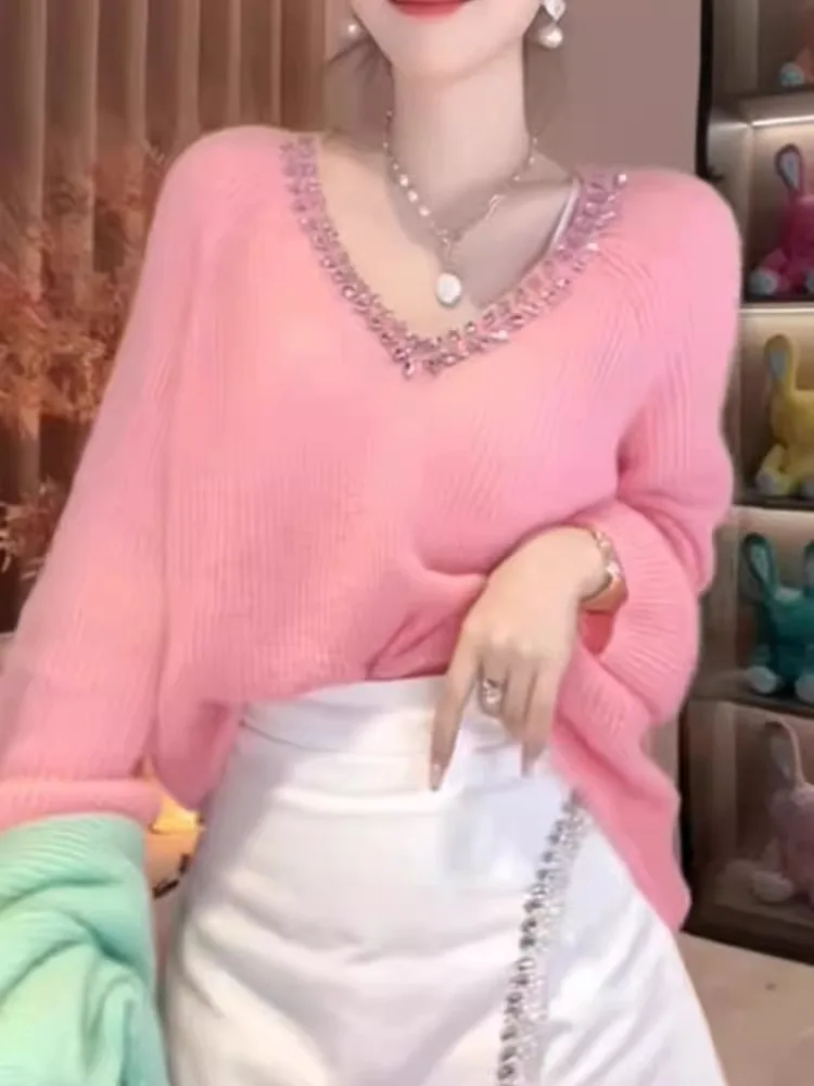 ملابس تريكو نسائية مطلية بالألماس على شكل حرف V طويلة Sve قابلة للتنقل وفضفاضة من مزيج الصوف بتصميم جميل وصديق للتنقل #4