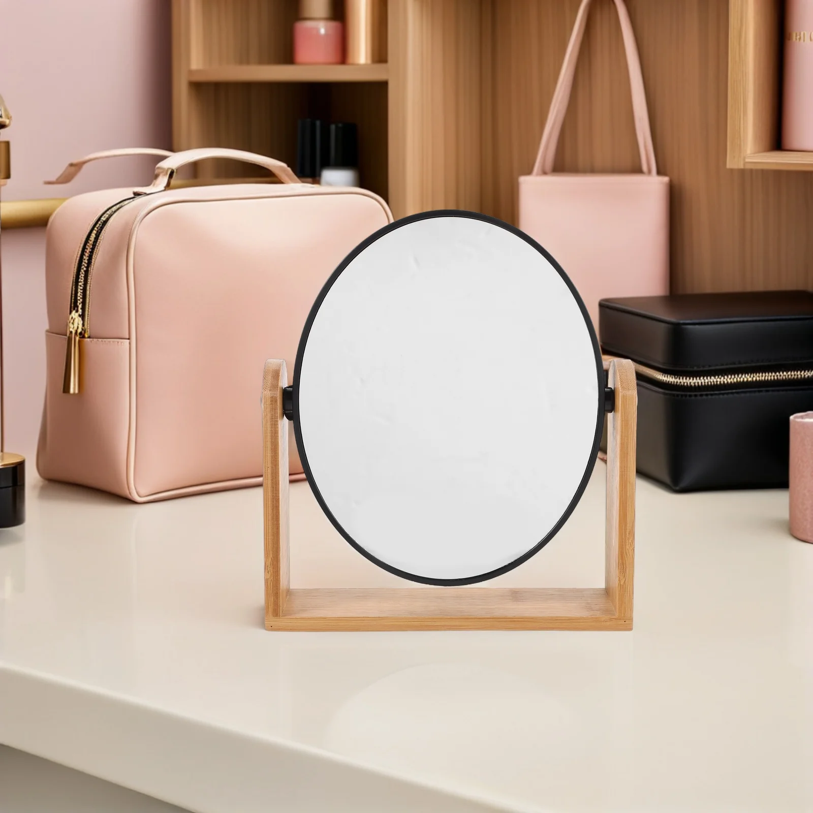 Bambus-Make-up-Spiegel, rund, doppelseitig, 3-fache Vergrößerung, drehbarer Desktop-Spiegel für Schminktisch, Schminkspiegel für Make-up-Schreibtisch