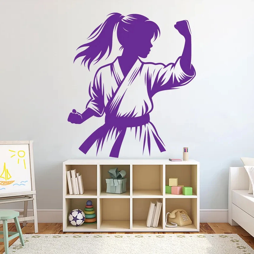 Karate Girl Wall Decal Karate Sports Taekwondo Kicks Wall Sticker Kids Room Decor Vinyl Black Belt Judo Jiu Jitsu MMA Decal S516