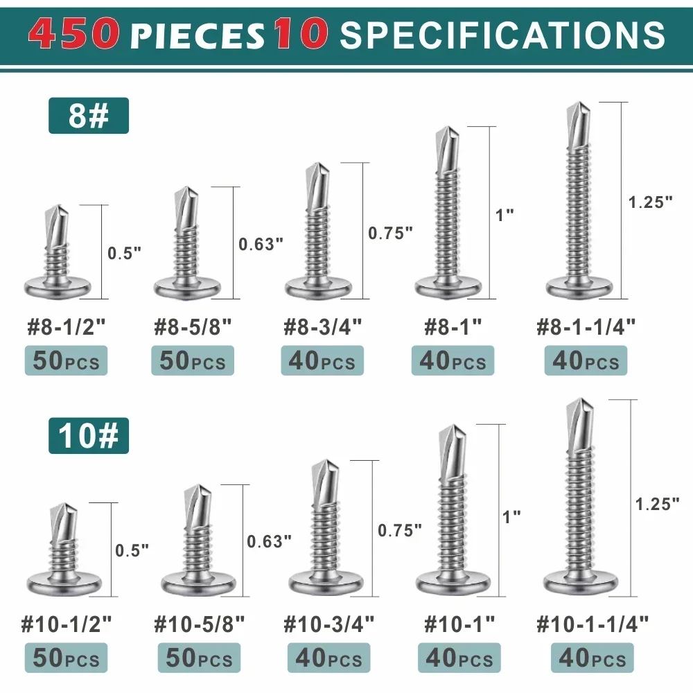 410 Stainless Steel Self-Tapper Kit 450pcs-#8 #10 Modified Truss Head Screws for Sheet Metal, Wood & Fastening
