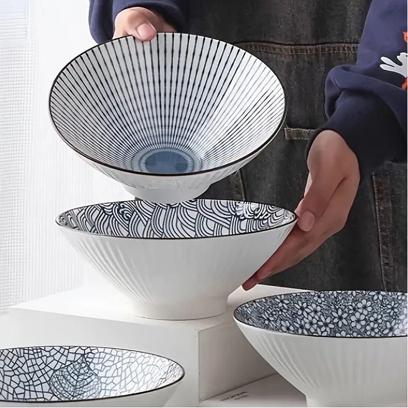 8 Inch Japanese Style Ceramic Bowl - Crackle Glaze Maple Leaf Pattern Large Soup Ramen Bowl