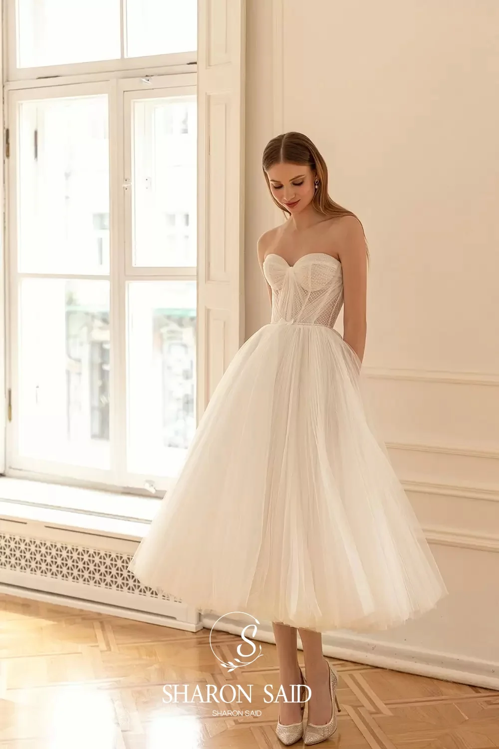 Sharon Said Romantic 2 Pieces A-Line Off WhiteTulle Wedding Dress 2025 Elegant With Cape Tea Length Bride Gowns SW192 Customized