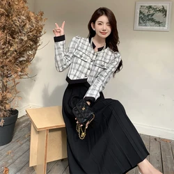 Office Ladies Autumn Winter Two Piece Set Women Sequins Plaid Short Jacket Top + High Waist Elastic Waist Pleated Skirt Suits