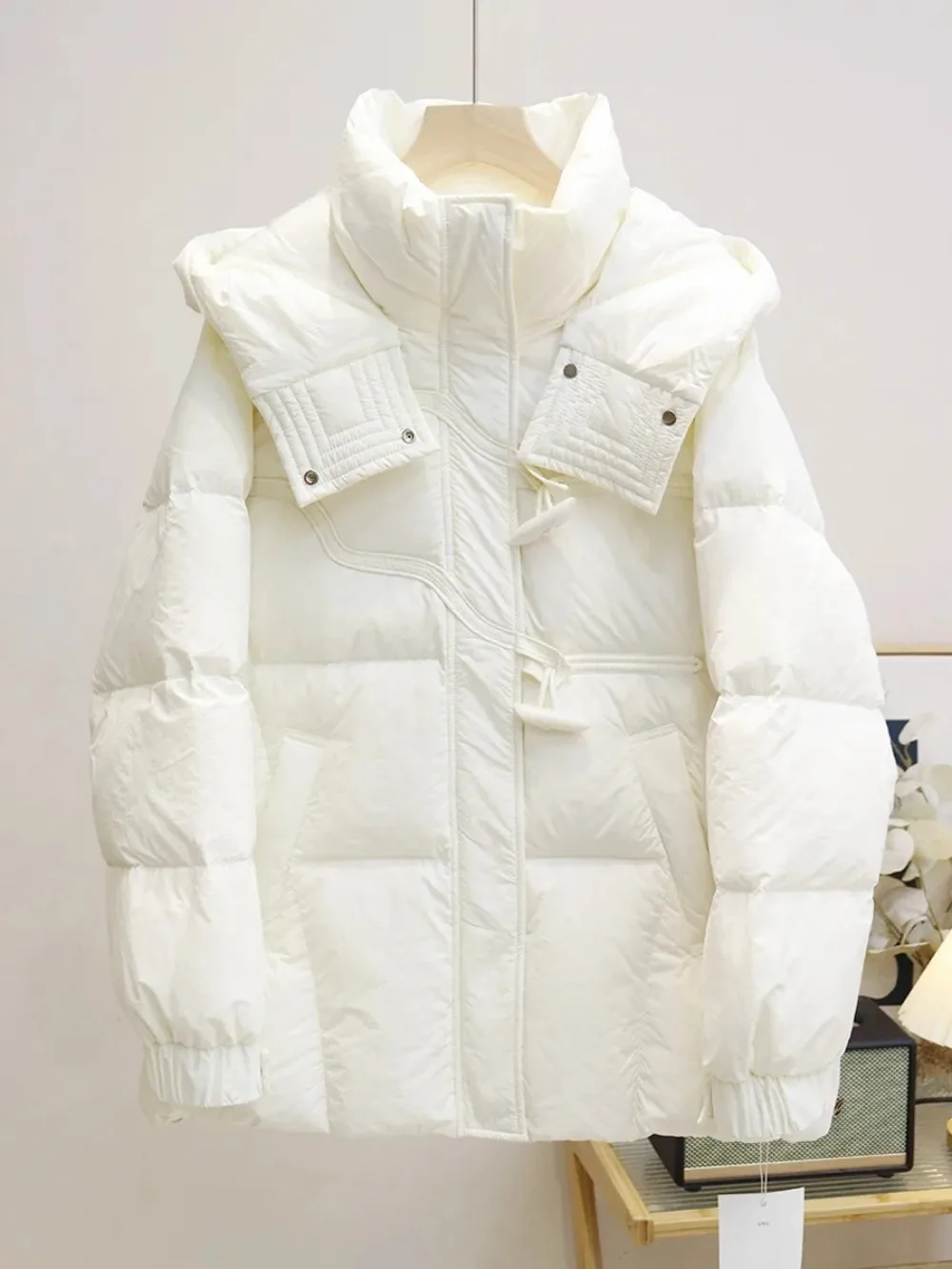 2024 New Winter White Duck Down Jacket Women Long Hooded Zipper Down Caot Female Casual Fashion Warm Horn Button Outwear