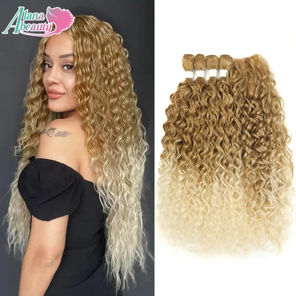 

Synthetic Kinky Curly Hair Extensions 22-24 inch Hair Bundles With Lace Closure Deep Wave Ombre Blonde Organic Fiber Fake Hair