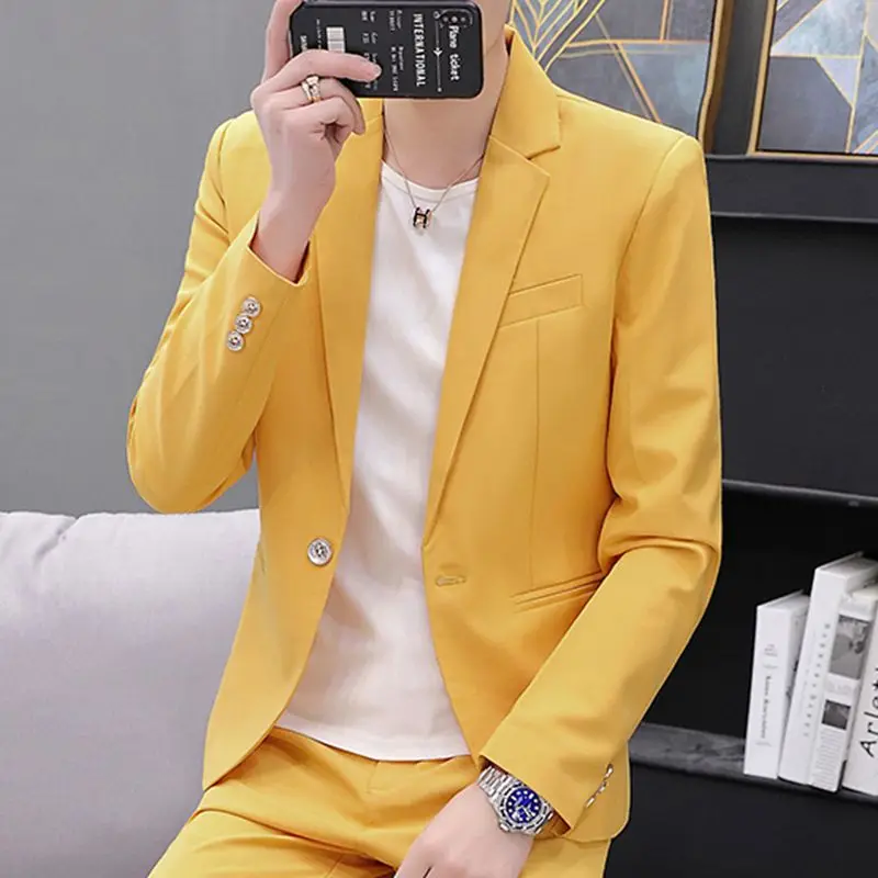 Pure Bla Slim Fit Men's Casual Single-Breasted Jaet Faionable Spring Autumn Set Stand Edition Long Sve Suit
