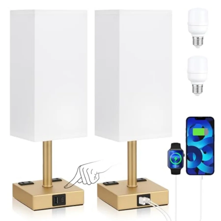 

Набор из 2-х сенсорных ламп Gold Base Touch - прикроватные светильники с портами USB-C + A для зарядки и розетками переменного тока, 3-режимная регулировка яркости, маленькие прикроватные лампы.