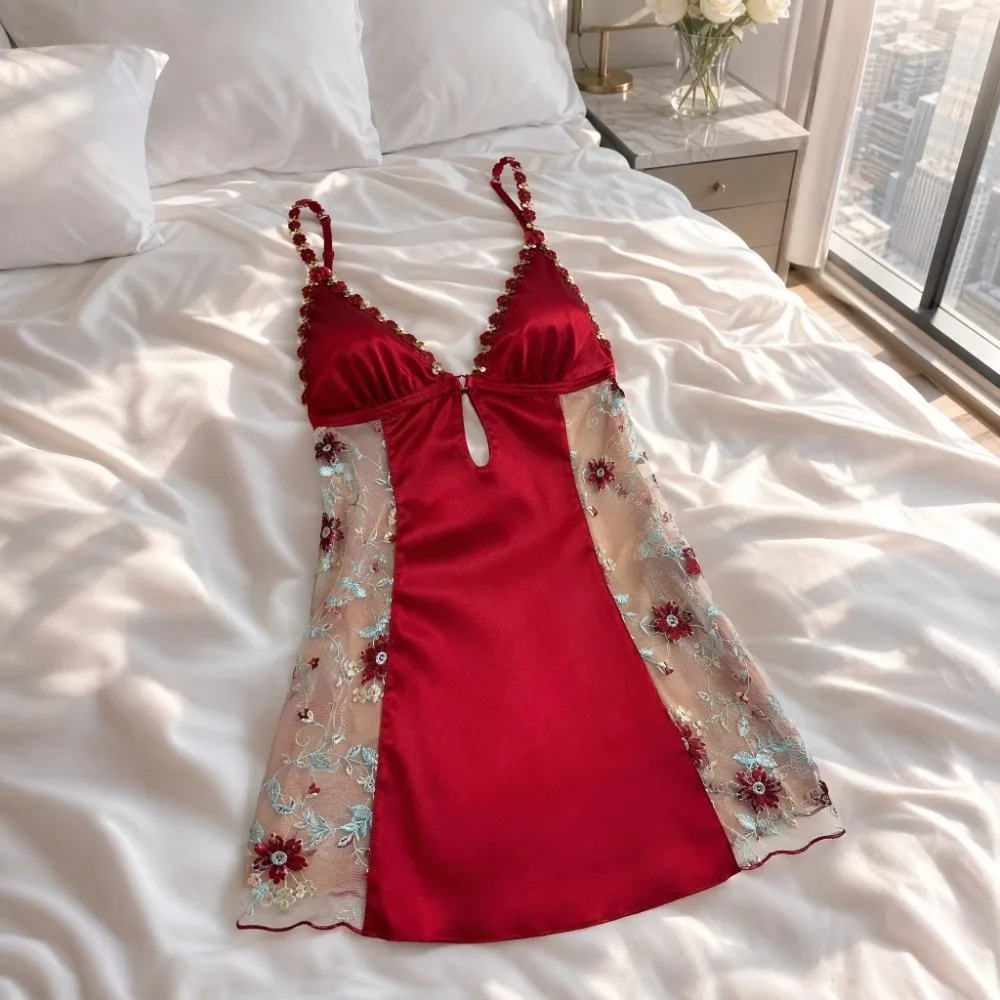 Thin Lace Women's Pajama Dress Embroidered Mesh Transparent Ice Silk Suspender Nightdress Flowers Sleepwear Slim Sling Nightgown