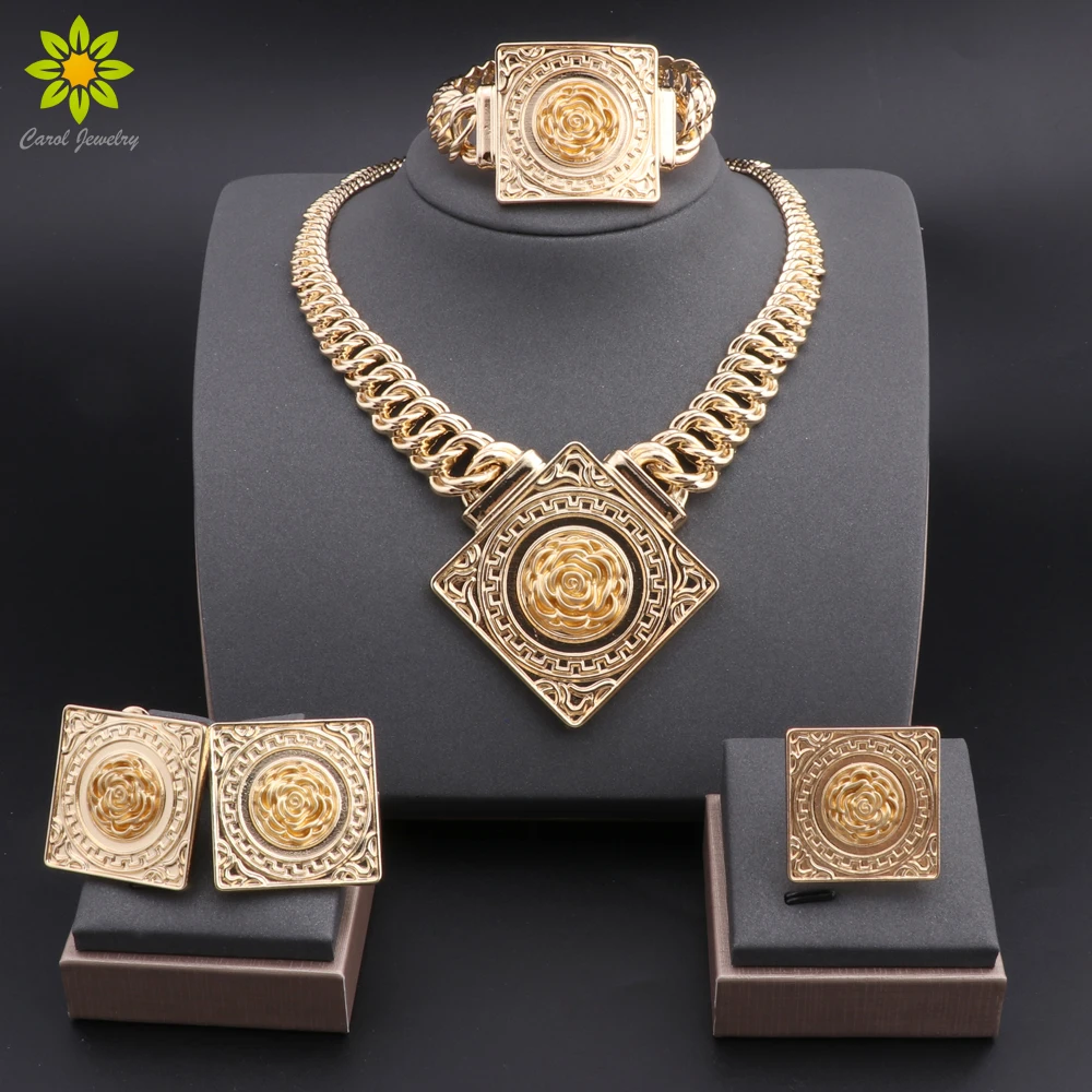 

High Quality Jewelry Set For Women Gold Plated Necklace Earrings Bracelet Ring Dubai Nigeria Trending Wedding Party Gift