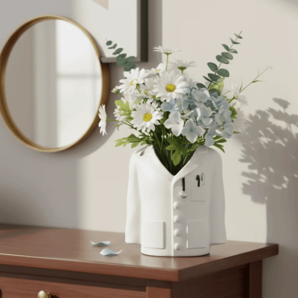 

Creative Resin White Coat Pen Holder Unique Novelty Dried Flower Vase Decoration White Cylinder Art Themed Storage Crafts Foyer